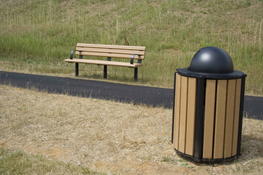 Components fabricated from Tangent Materials synthetic stock are used to create a durable park bench and functional trash can.